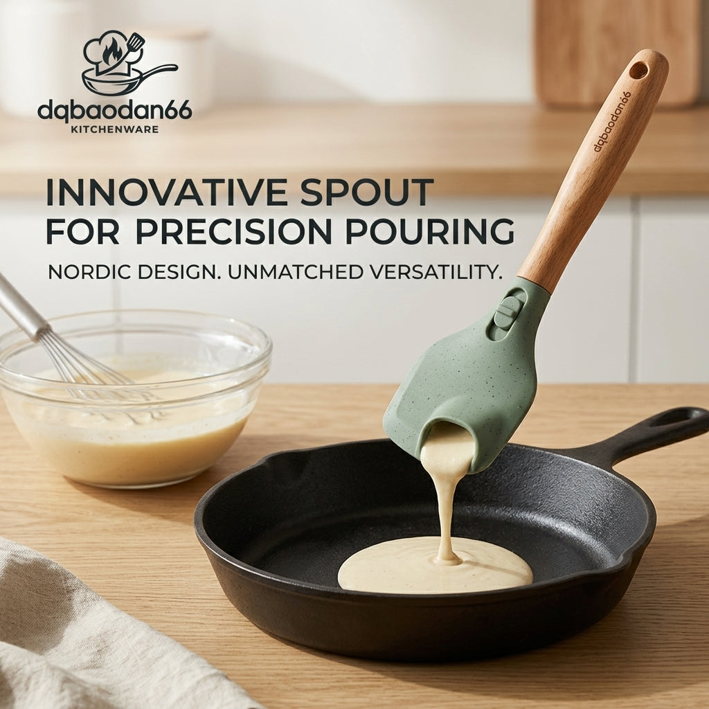 dqbaodan66 2-in-1 Silicone Spatula with Precision Pouring Spout, Heat-Resistant Batter Dispenser & Scraper, Nordic Design Cooking Utensil with Natural Beechwood Handle for Pancakes, Crepes, and Baking