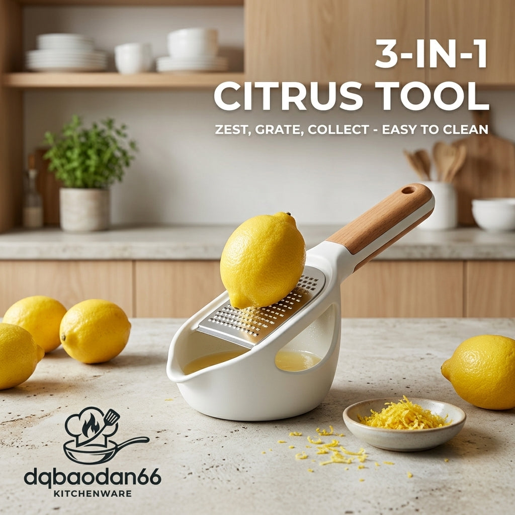 dqbaodan66 3-in-1 Citrus Zester and Grater with Catch Basin, Premium Handheld Lemon Lime Grater with Ergonomic Wooden Handle, Multi-Functional Food Grater & Zest Collector for Cheese, Ginger, Garlic, Chocolate, Easy to Clean