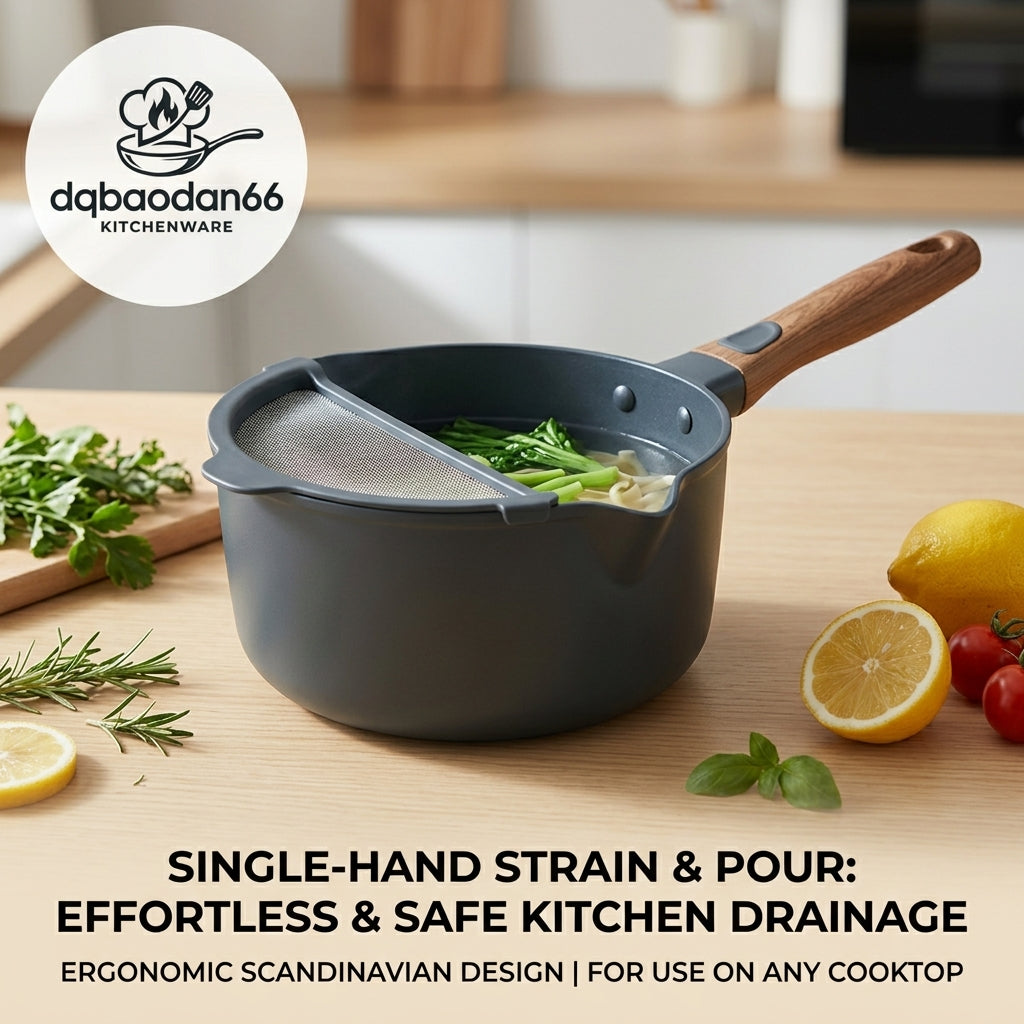 dqbaodan66 Non-Stick Saucepan with Built-in Strainer and Pour Spout - 2 Quart Straining Pot with Ergonomic Wood-Grain Handle, Multi-Purpose Pasta Noodle Cooker and Milk Pan, Induction and Gas Cooktop Compatible Cookware