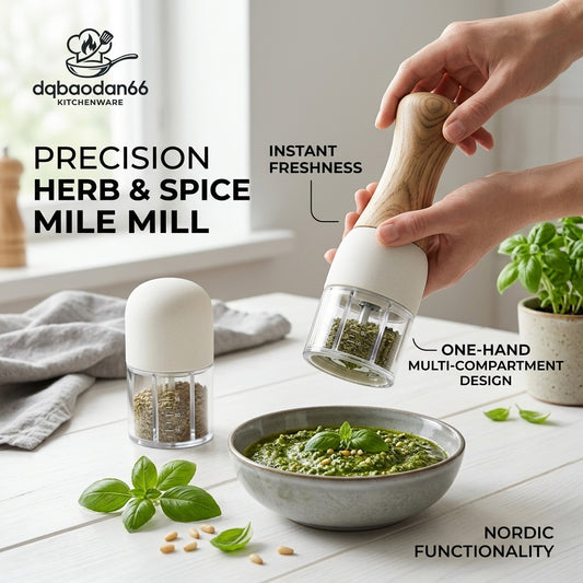 dqbaodan66 Precision Herb and Spice Mill - One-Handed Manual Spice Grinder with Multi-Compartment Design & Nordic Wood Handle - Portable Herb Mill for Fresh Seasoning, Pepper, Salt & Dried Herbs