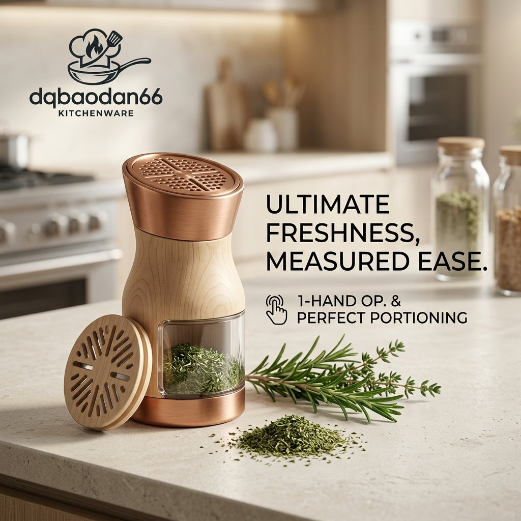 dqbaodan66 Premium Wooden Spice Dispenser & Shaker with Measured Portion Control | Elegant Rose Gold & Natural Beechwood Seasoning Jar with Clear Viewing Window | One-Handed Operation Herb & Salt Dispenser for Modern Kitchens