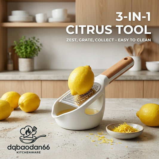 dqbaodan66 3-in-1 Citrus Zester and Grater with Catch Basin, Premium Handheld Lemon Lime Grater with Ergonomic Wooden Handle, Multi-Functional Food Grater & Zest Collector for Cheese, Ginger, Garlic, Chocolate, Easy to Clean