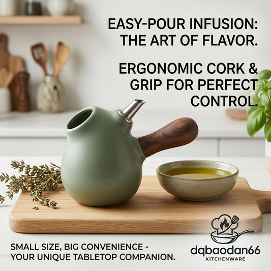 dqbaodan66 Ceramic Olive Oil Dispenser Bottle with Ergonomic Wooden Handle - Non-Drip Stainless Steel Spout & Cork Stopper, Sage Green Ceramic Oil and Vinegar Cruet Pot for Kitchen Counter & Tabletop, Perfect for Cooking, Salad Dressings, and Infused Oils