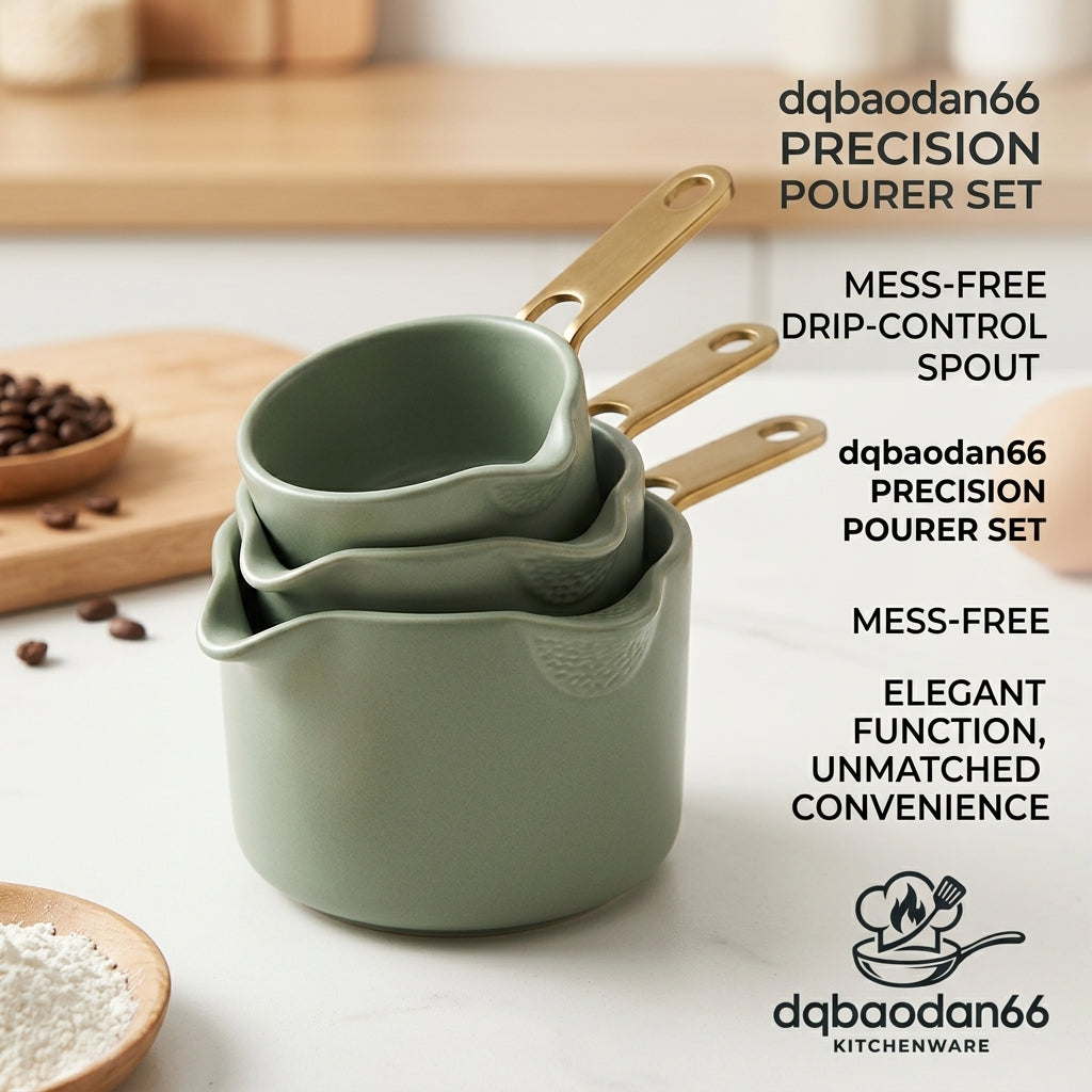dqbaodan66 3-Piece Ceramic Precision Pourer Set - Drip-Free Mini Saucepan & Butter Warmer with Elegant Gold Handles - Nesting Milk Pot, Gravy Boat, and Melting Pot for Kitchen, Baking, and Coffee Bar