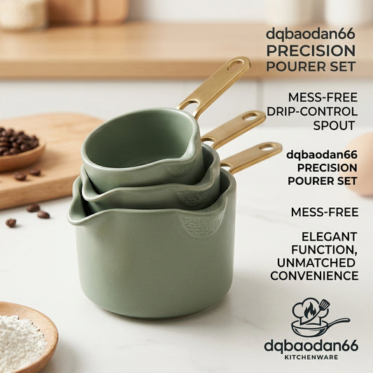 dqbaodan66 3-Piece Ceramic Precision Pourer Set - Drip-Free Mini Saucepan & Butter Warmer with Elegant Gold Handles - Nesting Milk Pot, Gravy Boat, and Melting Pot for Kitchen, Baking, and Coffee Bar